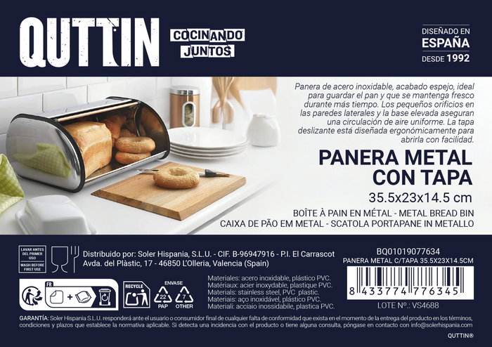 Quttin Panera Metal con Tapa 35.5 cm x 23 cm x 14.5 cm (6 Unidades)