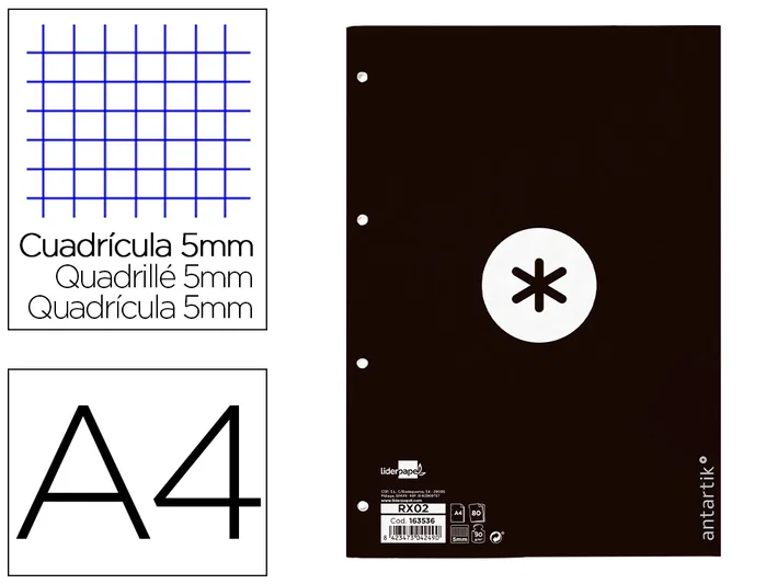 Antartik Recambio DIN A4 80 hojas Cuadro 5 mm 4 taladros Negro Antartik Recambio DIN A4 80 hojas Cuadro 5 mm 4 taladros Negro