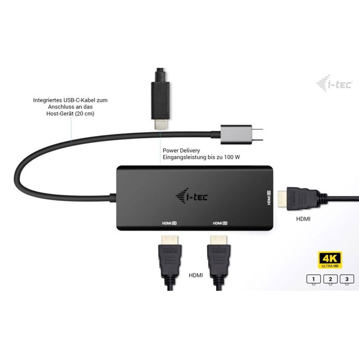 I-tec Adaptador de Vídeo USB-C Triple 4K HDMI con Power Delivery 100W Negro