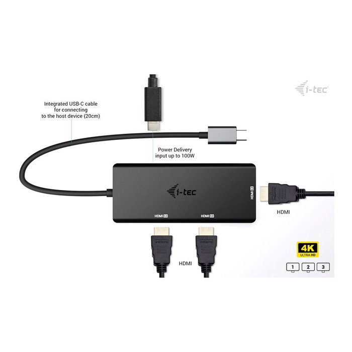 I-tec Adaptador de Vídeo USB-C Triple 4K HDMI con Power Delivery 100W Negro
