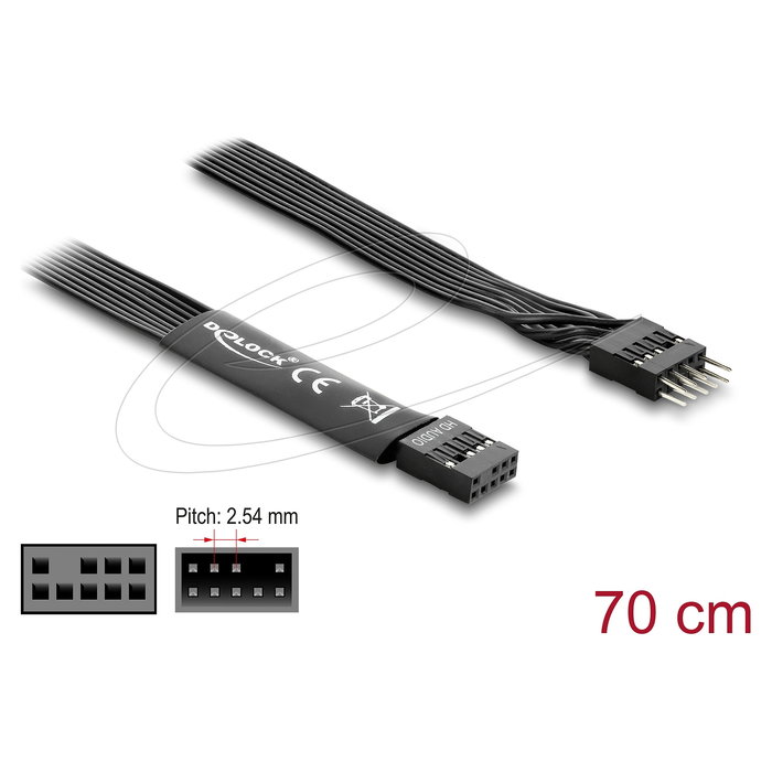 DeLOCK Cable Extensión Audio HD 70 cm Negro, 86058, Conector 9 Pin Macho a Hembra para Placa Base, Flachbandkabel, 1 Unidad