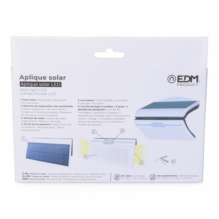Edm Aplique solar blanco de 6W con sensor, 430lm y 6.500K Edm Aplique solar blanco de 6W con sensor, 430lm y 6.500K