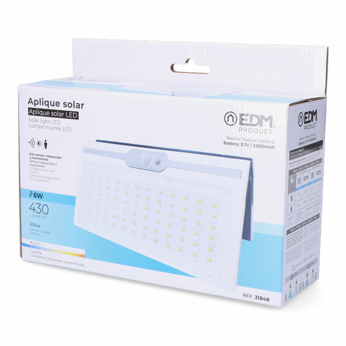Edm Aplique solar blanco de 6W con sensor, 430lm y 6.500K Edm Aplique solar blanco de 6W con sensor, 430lm y 6.500K