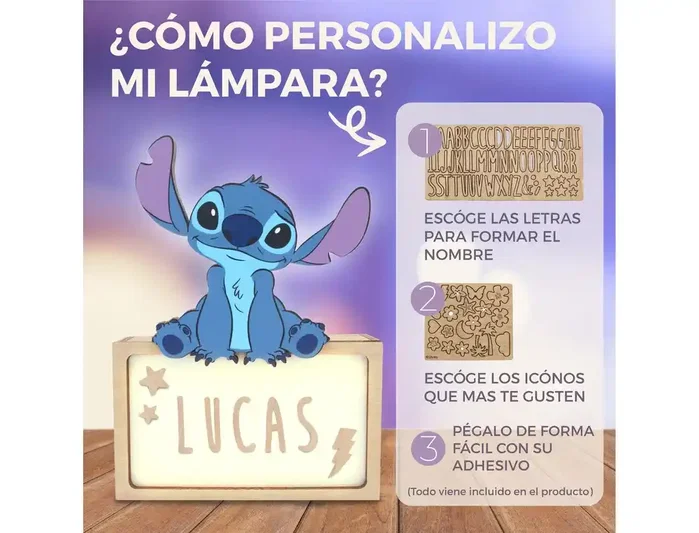 Wondee Lámpara de noche de madera personalizable Stitch