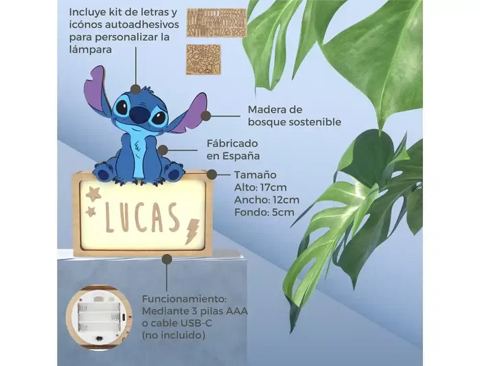 Wondee Lámpara de noche de madera personalizable Stitch