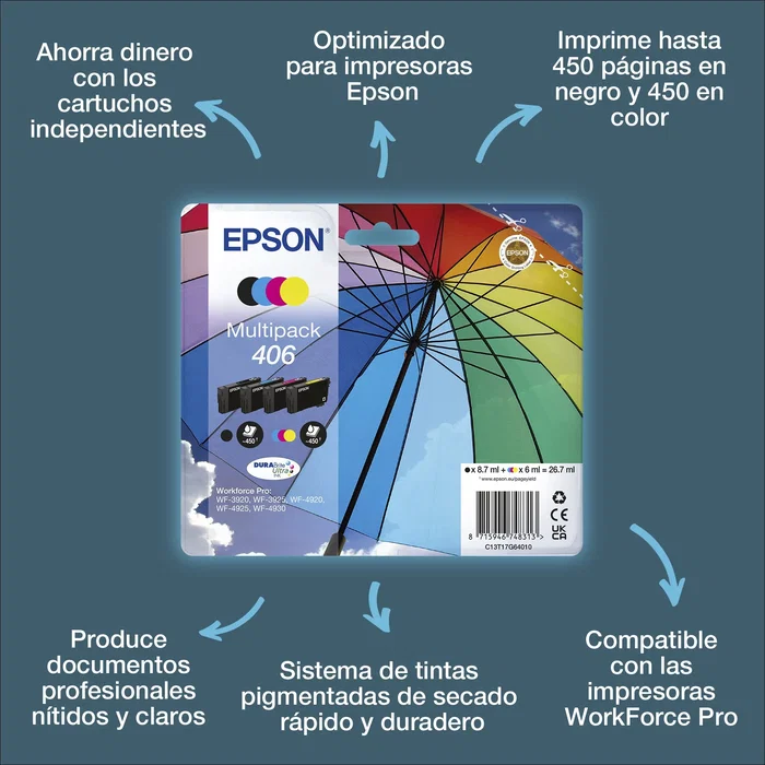 Epson Multipack de tinta 406 DURABrite Ultra (Negro, Cian, Magenta, Amarillo) C13T17G64010