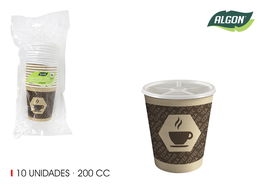 Algon Set 10 Vasos Cartón para Café con Tapa 200 cc (18 Unidades)