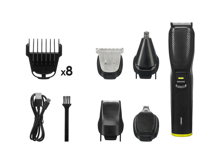 Argon Set Cortapelo con 12 Accesorios, Soporte Negro, Batería 600mAh, Carga USB Tipo C, Motor 6800rpm, Dimensiones 14.5x18x11.7cm (Set de 6)