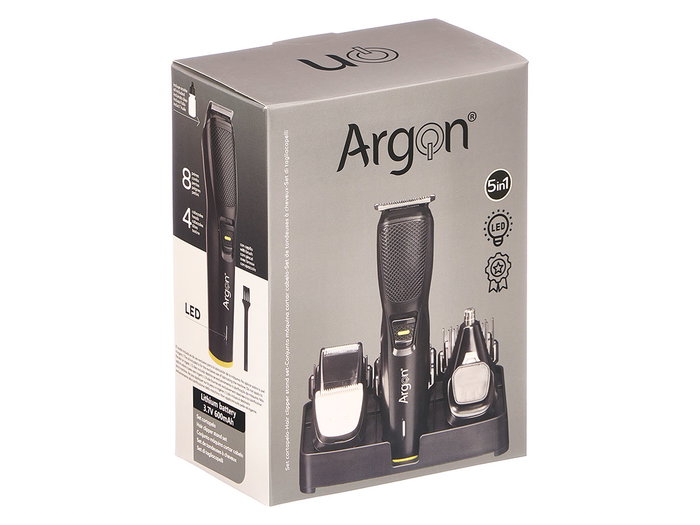 Argon Set Cortapelo con 12 Accesorios, Soporte Negro, Batería 600mAh, Carga USB Tipo C, Motor 6800rpm, Dimensiones 14.5x18x11.7cm (Set de 6)