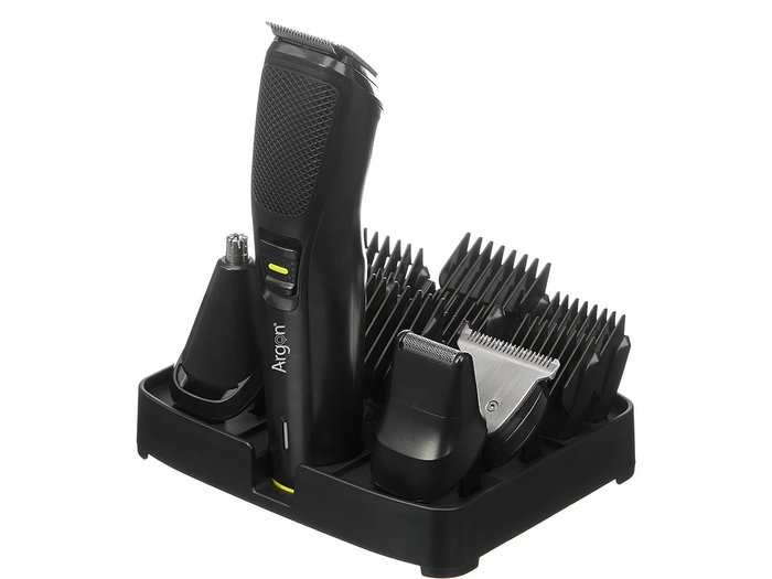 Argon Set Cortapelo con 12 Accesorios, Soporte Negro, Batería 600mAh, Carga USB Tipo C, Motor 6800rpm, Dimensiones 14.5x18x11.7cm (Set de 6)