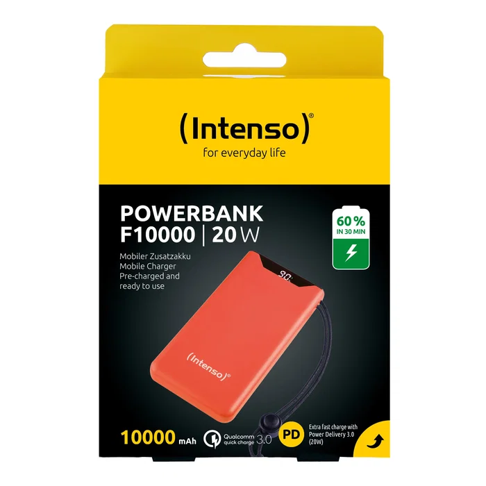 Intenso Batería Externa Power Bank 10000 mAh Carga Rápida 20W, Pantalla LCD, USB-C, Cable Incluido, Naranja, Ref. 7332038