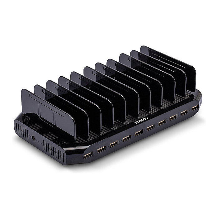 LINDY 73309 Estación de Carga USB 10 Puertos 96W, 10x USB-A, Negro, Protección Sobretensión
