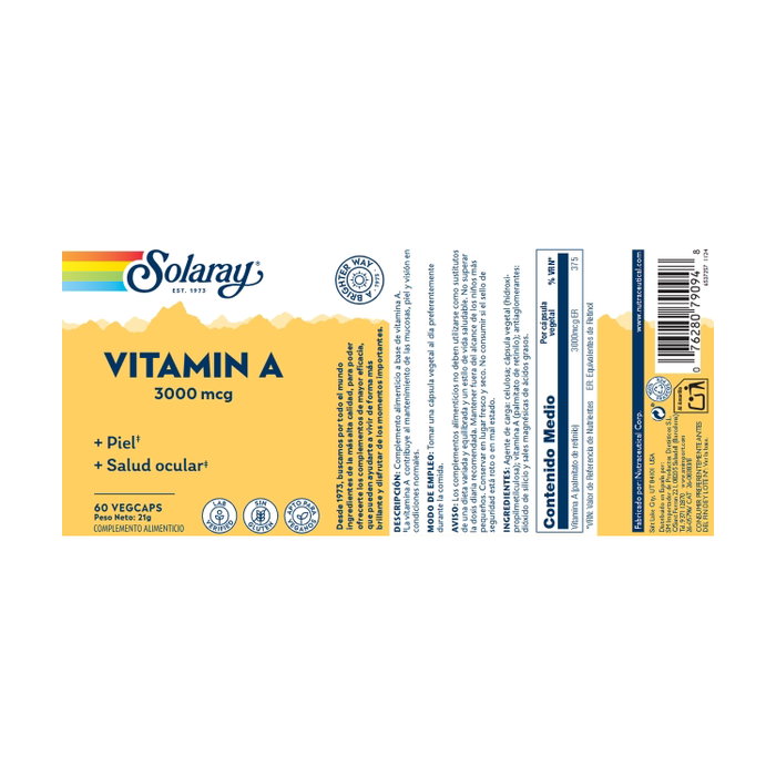 Solaray Vitamina A 3000 mcg, 60 cápsulas vegetales
