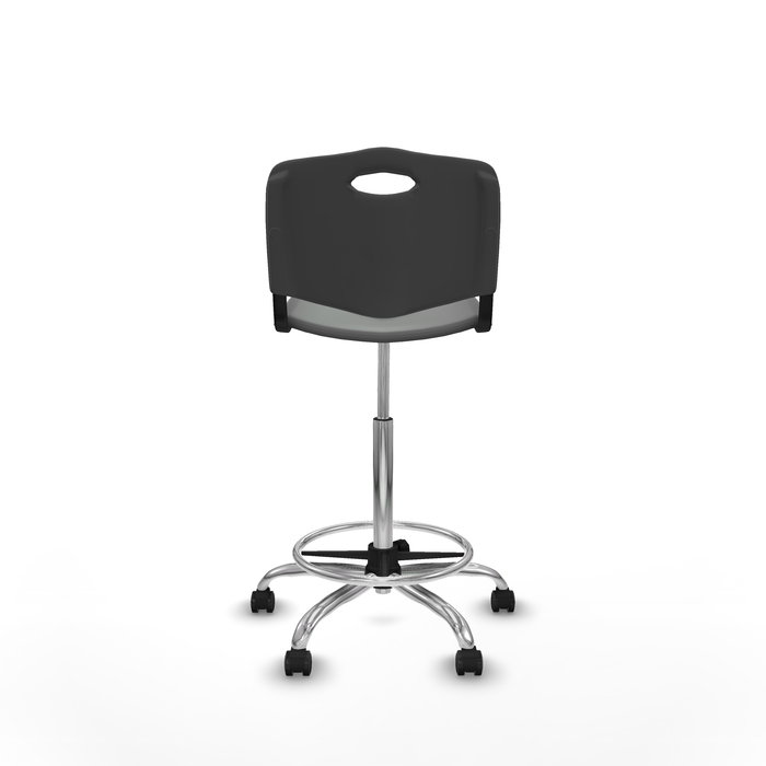 Taburete Robledo con mecanismo Giratorio de PVC color Gris oscuro. Equipado con Base cromada, Sin brazos y Ruedas autofrenantes