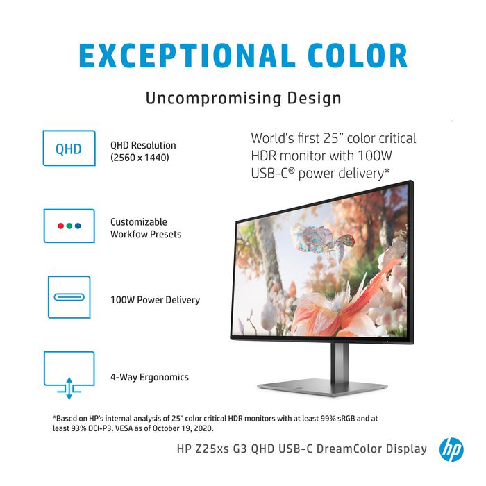 HP Z25xs G3 Monitor QHD 25" USB-C DreamColor Pantone Validado con 99% sRGB y Ajuste Ergonómico