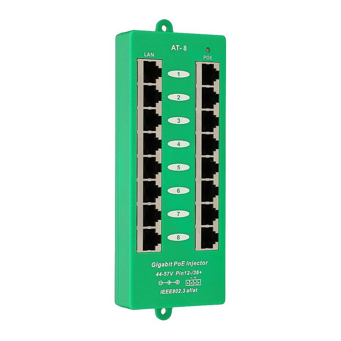 Extralink Inyector PoE Activo de 8 Puertos Gigabit 802.3at/af Modo A