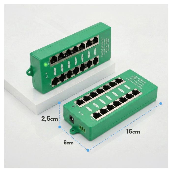 Extralink Inyector PoE Activo de 8 Puertos Gigabit 802.3at/af Modo A