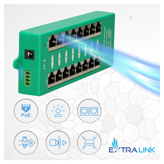 Extralink Inyector PoE Activo de 8 Puertos Gigabit 802.3at/af Modo A