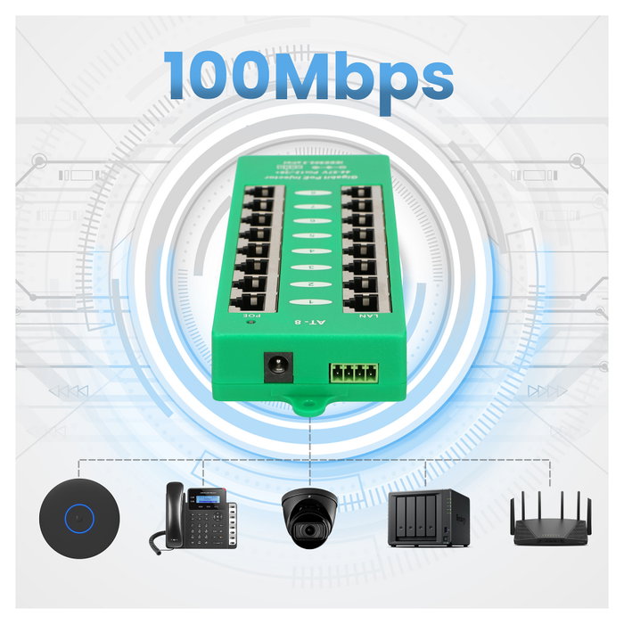 Extralink Inyector PoE Activo de 8 Puertos Gigabit 802.3at/af Modo A