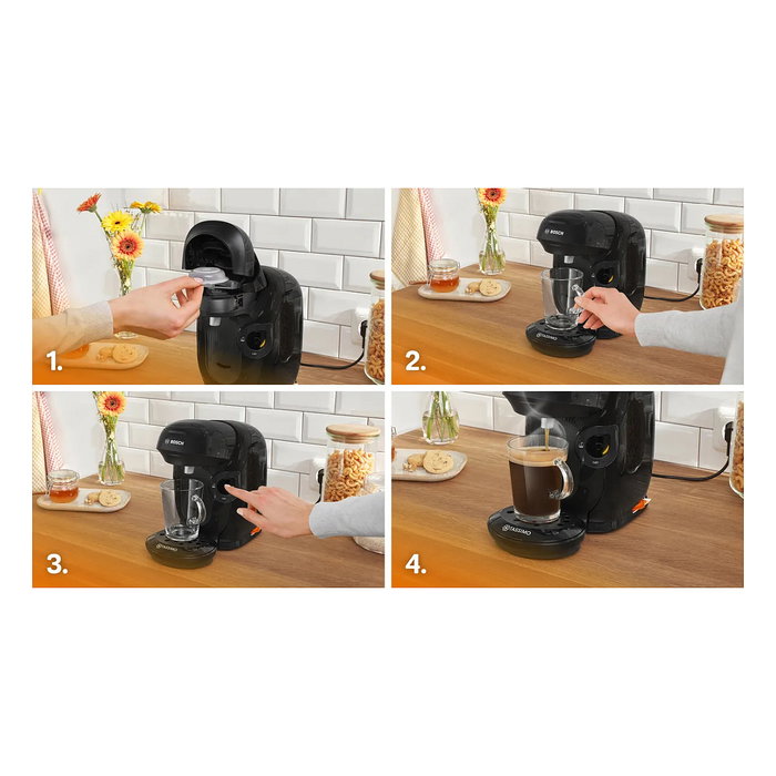 Bosch TAS112E Máquina de Café Automática a Cápsulas para Espresso, Cappuccino y Más, 1400 W, Negro