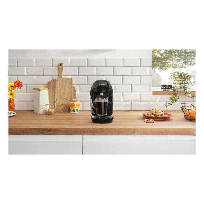 Bosch TAS112E Máquina de Café Automática a Cápsulas para Espresso, Cappuccino y Más, 1400 W, Negro