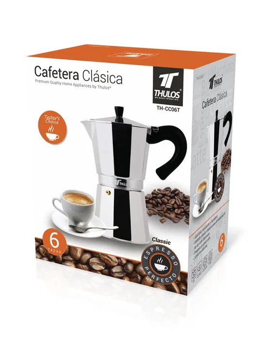 Thulos TH-CC12T Cafetera Italiana o Moka Clásica de Aluminio para 12 Tazas, Color Plata, Compatible con Todo Tipo de Cocinas Incluida Inducción