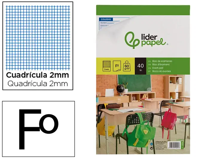 Liderpapel Bloc exámenes cuadro 2mm folio 40 hojas 60 g Liderpapel Bloc exámenes cuadro 2mm folio 40 hojas 60 g