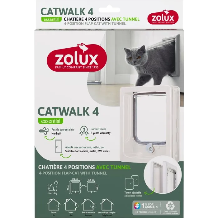 Zolux Gatera de 4 Posiciones con Túnel ZOL3336024010723 para Puertas de Madera, PVC y Metal - 20 x 25 cm - Blanca