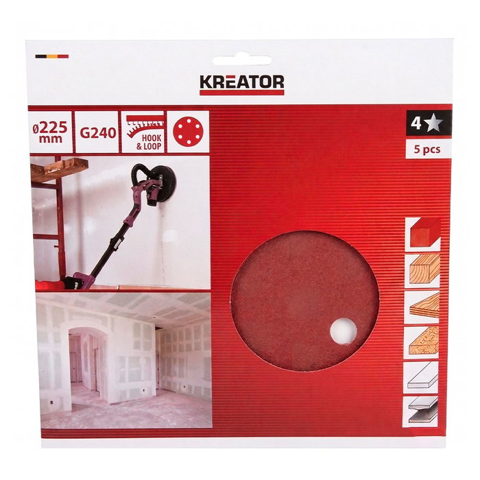 Kreator Disco de lija de cartón y yeso de 225 mm, grano 240, 5 uds Kreator Disco de lija de cartón y yeso de 225 mm, grano 240, 5 uds