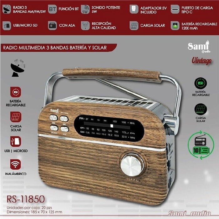 SAMI Radio Vintage, 3 Bandas (FM/AM/OC), Alimentación Solar y Batería, Multimed