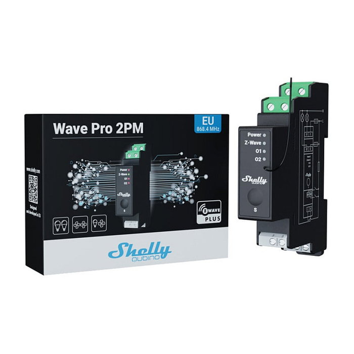 Shelly Relé Inteligente Wave Pro 2PM para Montaje en Rail DIN, 25A, 2 Canales, Z-Wave, Control de Energía, Negro