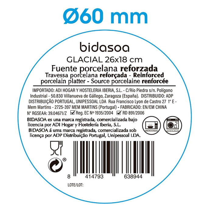Fuente Oval Porcelana Glacial Bidasoa 26 X 18 cm (12 Unidades)