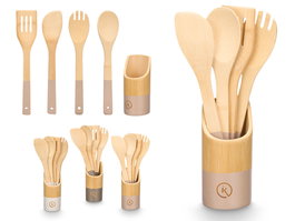 Kinvara Set 4 Utensilios Cocina Bambú Surtidos 7x31x7cm Espátula Cuchara Cucharon Soporte (Set de 12)