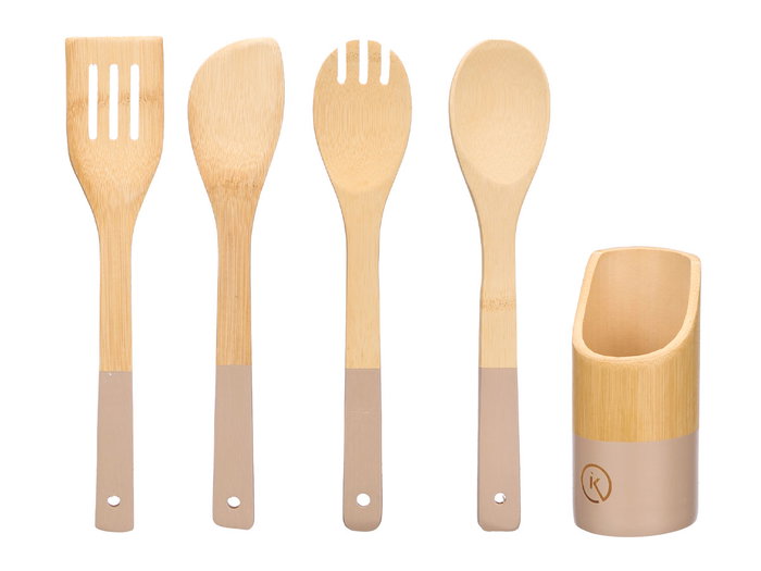 Kinvara Set 4 Utensilios Cocina Bambú Surtidos 7x31x7cm Espátula Cuchara Cucharon Soporte (Set de 12)