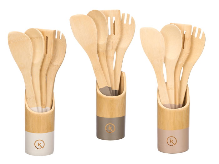 Kinvara Set 4 Utensilios Cocina Bambú Surtidos 7x31x7cm Espátula Cuchara Cucharon Soporte (Set de 12)