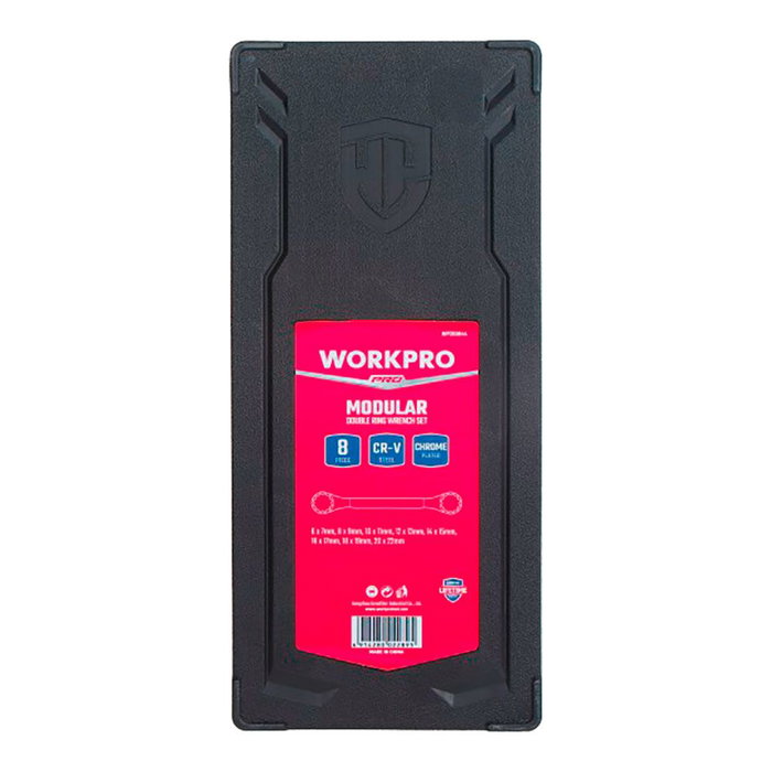 Workpro Juego de 8 Llaves de Estrella Acodadas Dobles de Acero Cromo-Vanadio, tamaños 6-22 mm, con Caja Organizadora Serie Modular (compatible ref. 21325)