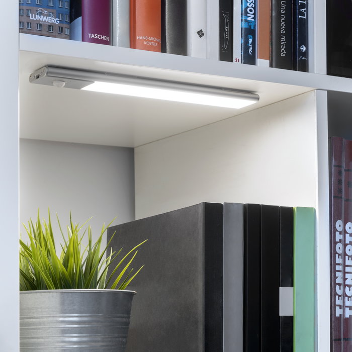 Emuca Aplique LED recargable por USB Kaus con sensor de movimiento, L400mm, Plástico y Aluminio, Anodizado mate