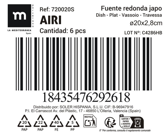 La Mediterranea Fuente Redonda Japo Ø20 cm Reac. Airi Cerámica Artesanal (18 Unidades)