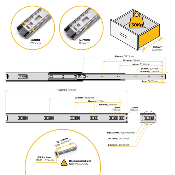 Emuca Juego de guías de bolas para cajones con extracción total, altura 45mm, longitud 450mm, Acero, Cincado