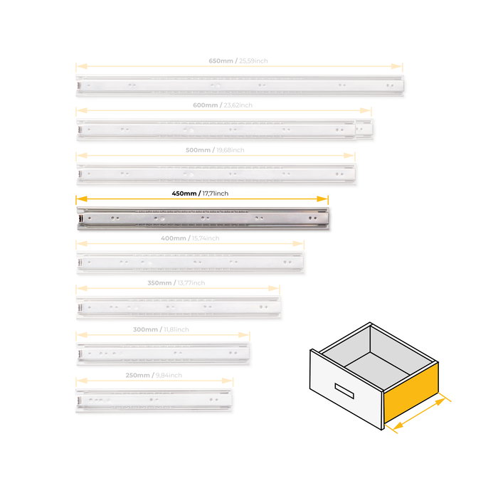 Emuca Juego de guías de bolas para cajones con extracción total, altura 45mm, longitud 450mm, Acero, Cincado