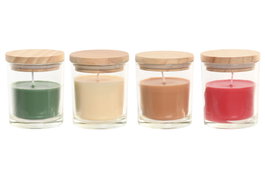 DKD Home Decor Surtido de 4 Velas en Frasco de Cristal con Tapa de Madera Coco/Vainilla