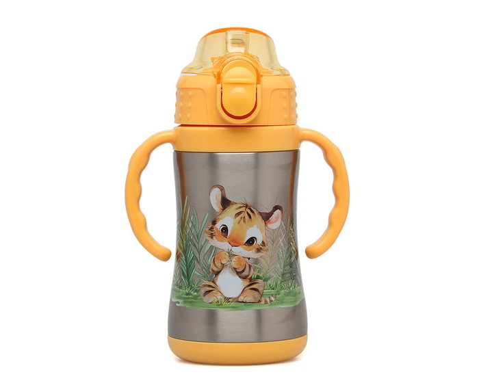 KioKids Little Sauvages Botella Infantil de Acero Inoxidable con Asas, Termo 280 mL, Mostaza