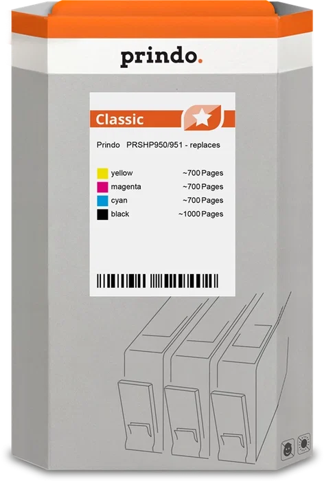 Prindo Classic Multipack Compatible HP 950/951 Negro, Cian, Magenta, Amarillo – 4 Cartuchos ~3100 Páginas Prindo Classic Multipack Compatible HP 950/951 Negro, Cian, Magenta, Amarillo – 4 Cartuchos ~3100 Páginas