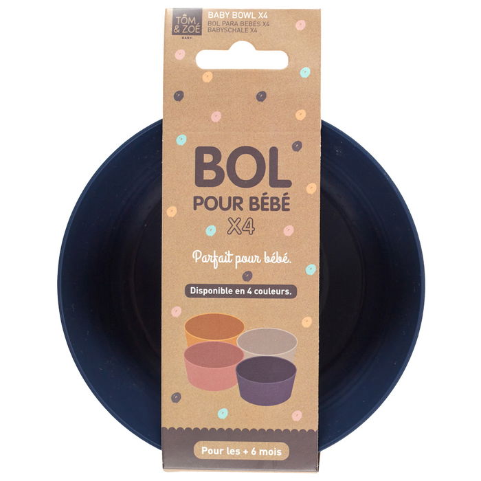 Tom et Zoe Juego De 4 Bols Para Bebé Diámetro 11.8 cm Colores Rosa, Amarillo, Gris y Azul