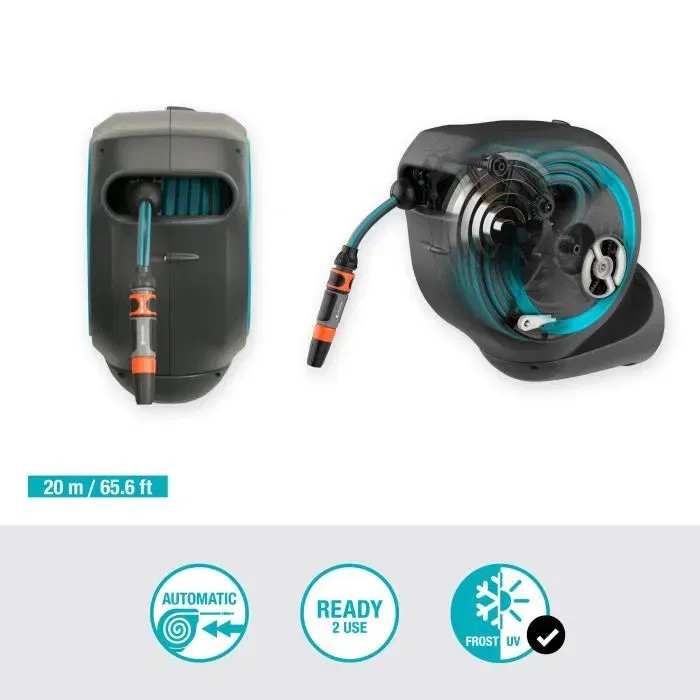 Gardena RollUp M Enrollador de Manguera de Pared 20m, Borde Azul, Automático Antibloqueo Antitorsión, Kit Listo para Usar