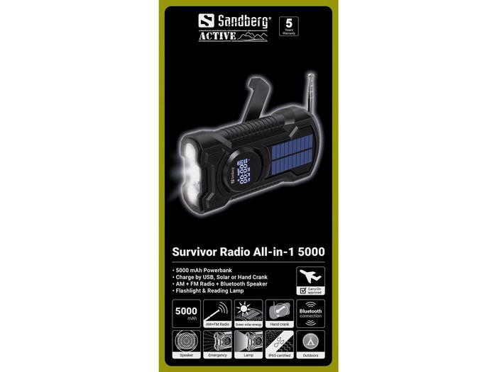 Sandberg Survivor All-in-1 5000 Powerbank, Altavoz Bluetooth, Radio AM/FM, Linterna y Lámpara de Lectura con Carga Solar/Manivela