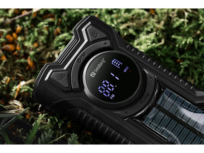 Sandberg Survivor All-in-1 5000 Powerbank, Altavoz Bluetooth, Radio AM/FM, Linterna y Lámpara de Lectura con Carga Solar/Manivela
