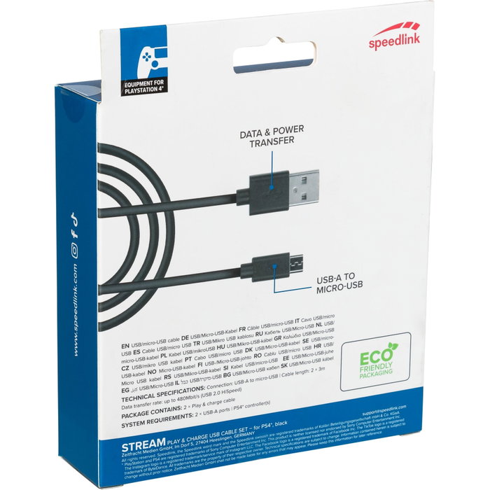 Speedlink Set de 2 Cables USB para Play & Charge PS4 de 3m Negro