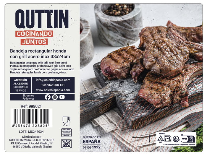 Quttin Bandeja Rectangular con Grill para Cocina, 24 Unidades, Medidas 33 x 23.5 x 6 cm (6 Unidades)