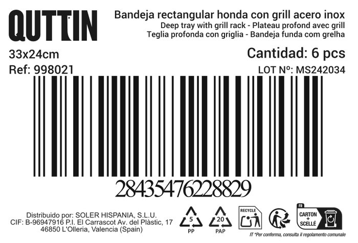 Quttin Bandeja Rectangular con Grill para Cocina, 24 Unidades, Medidas 33 x 23.5 x 6 cm (6 Unidades)